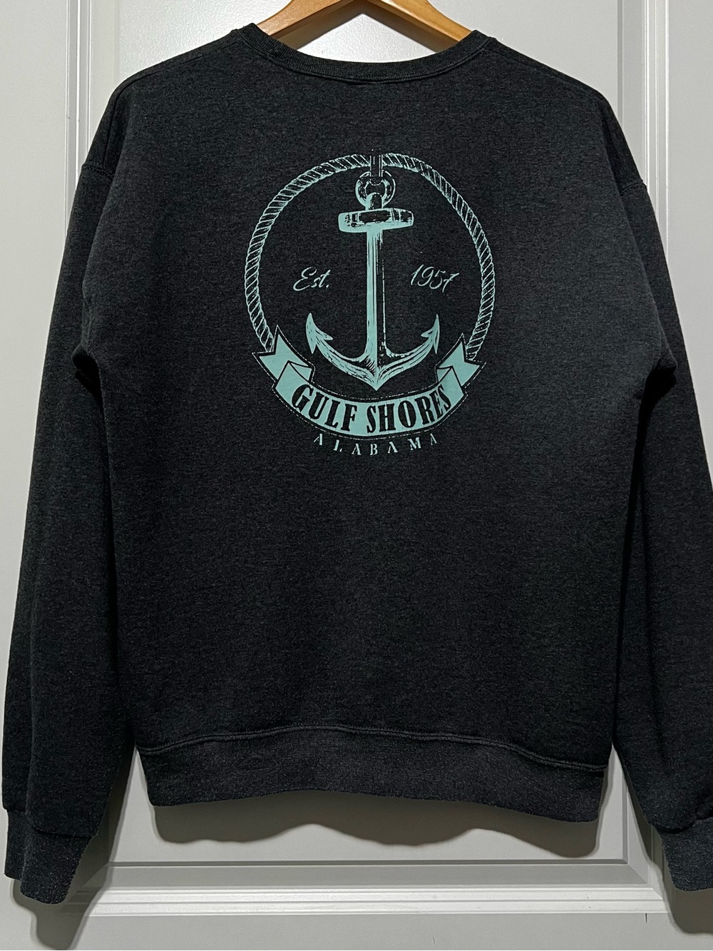 Jerzees Women’s Gulf Shores Alabama Crewneck Sweatshirt in Gray/Teal